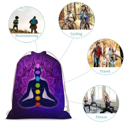 Seven Chakra Yoga Meditation Lotus Purple Mandala Portable Canvas Drawstring Backpack with Drawstring Pockets 30x40cm - color: Seven Chakra Yoga Meditation Lotus Purple Man, size: 30x40cm
