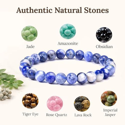Elm City Direct 8mm Natural Stone Beaded Bracelet – Unisex Crystal Stretch Bracelets for Men & Women, Chakra & Healing Jewelry, Gift-Ready Beaded Bracelets - color: Blue Vein Stone