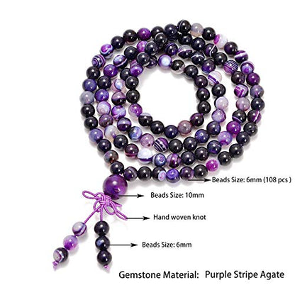 AD Beads 6mm Natural Healing Gemstones Buddhist 108 Prayer Mala Stretchy Bracelet Necklace - color: Purple Stripe Agate