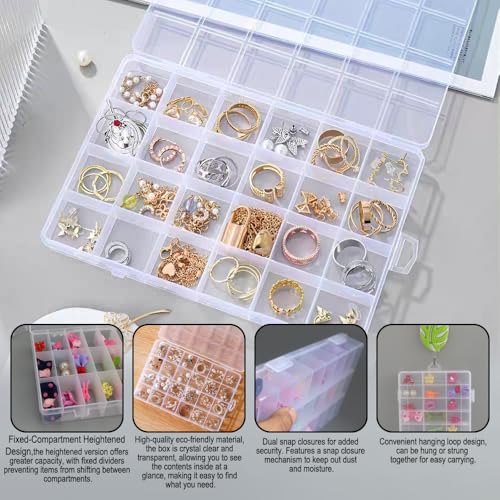 1 Pack 24 Grids Clear Plastic Jewelry Organizer Boxes, Tackle Box Compartment Organizer with Adjustable Dividers for Jewelry, Art Craft, Bead Storage Containers