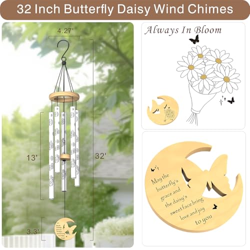 Modern Wind Chimes for Outside, 32" Daisy Print Wind Chime with Butterfly Pendant for Birthday, Mother's Day, Unique Gifts for Women, Garden Yard Patio Porch Home Hanging Decor(Whitestone)