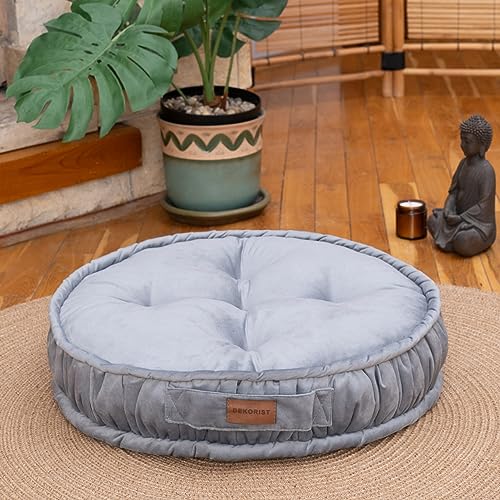 Round Floor Cushion, Floor Pillow Thick Floor Seating, Comfortable Supportive, Quilted Soft Booster Seat Pad for Yoga Meditation, Yoga Cushion, 56 cm 22 inch, Ibiza, Light Grey - color: Light Grey