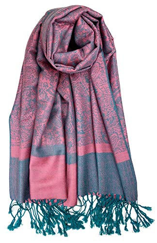 Plum Feathers Two Tone Vintage Paisley Pattern Pashmina Scarf - color: Rose-teal