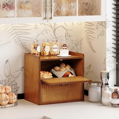 Trironsun Rustic Bread Box for Kitchen Countertop Bamboo Bread Storage Container Bin Double Layer BreadBox Farmhouse Large Capacity Food Organizer (Brown) - color: Brown