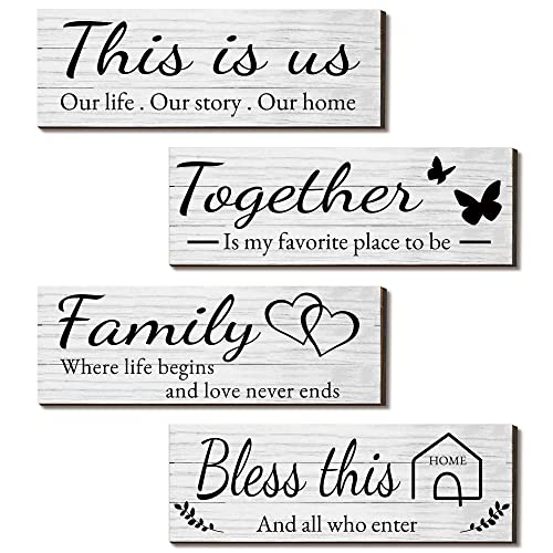 4 Pieces Wooden Home Wall Art Decor, Rustic, Farmhouse THIS IS US/TOGETHER/BLESS THIS HOME/FAMILY Decor Signs For Living Room Bedroom, 4.7 x 13.8 Inch(White) - color: White Color This is US