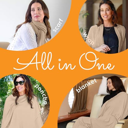 Travel Shawl Wraps for Women - 68x35in Wrap. Lightweight Pashmina, Airplane Travel Blanket Scarf. Made In USA - color: Eco Cashmere - Coyote Beige