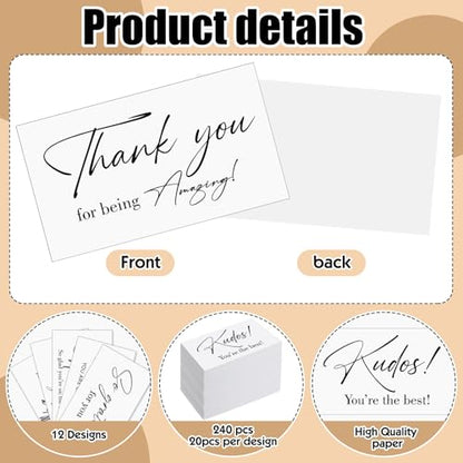 Yeaqee 240 Pcs Employee Appreciation Kudos Cards Funny Blank Back Motivational Card Encouragement Thank You Note Recognition Card for Teacher College Affirmation Gift(White) - style: White