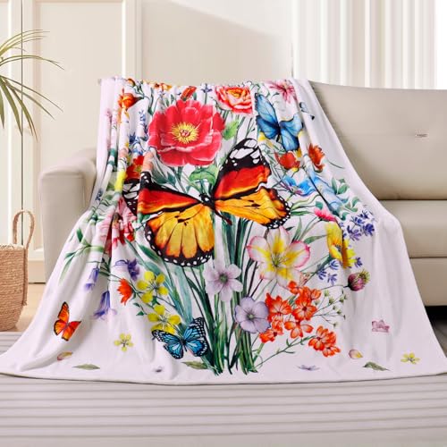 Floral Blanket Ultra Soft Butterfly Flowers Throw Blankets Wildflower Leaves Flannel Fleece Throw Watercolor Warm Cozy Fuzzy Plus Gift Cabin Blanket for Bed Sofa,60" X 80" - color: Orange Butterlfy, size: 60"×80"