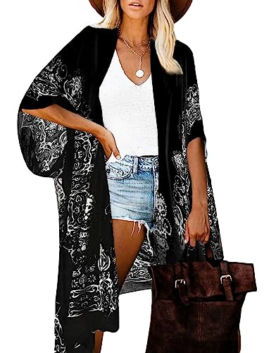 Kimonos for Women Swimsuit Coverups Beach Cover Up Swimwear Cardigan Summer - color: A Black Print