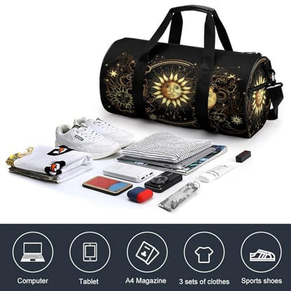 Sun Crescent Moon Stars Astrology Tarot Cards Cylindrical Portable Fitness Bag, Large Capacity Handbag - color: Sun Crescent moon stars astrology tarot cards