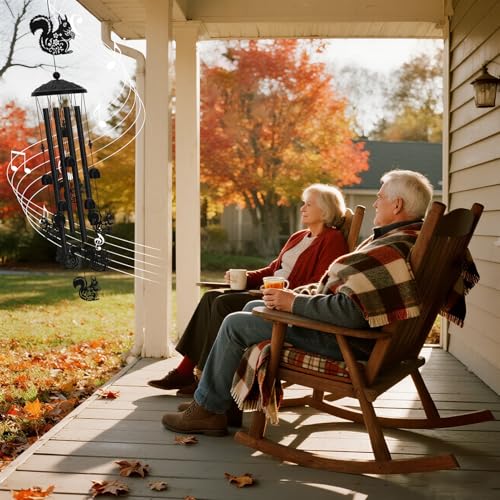 Squirrel Wind Chimes for Outside Metal Animal Windchimes Squirrel Sympathy Gifts for Women Men Birthday Garden Decor for Patio Yard Memorial Black