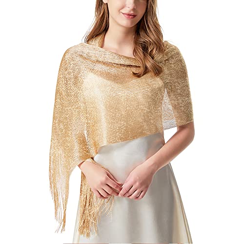 vimate Sparkling Metallic Shawls and Wraps for Evening Party/Wedding/Formal Dresses (With Free Buckle) - color: C1#. Khaki Gold (With Khaki Buckle)