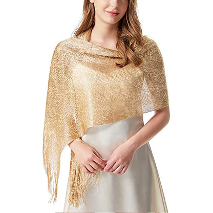 vimate Sparkling Metallic Shawls and Wraps for Evening Party/Wedding/Formal Dresses (With Free Buckle) - color: C1#. Khaki Gold (With Khaki Buckle)