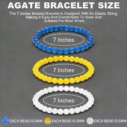 3PCS Agate Bracelet for Women Men Natural Round Beaded Agates Stone Healing Stretch Bracelets Elastic Handmade Polished Gemstone Beads Bracelet - color: Yellow+White+Blue