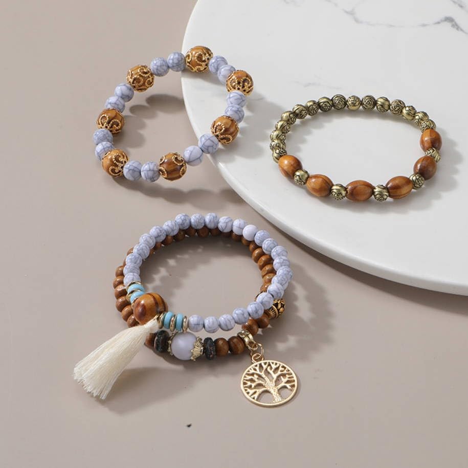 Bohemian Layered Wood Bead Bracelet Set, Elastic Stackable Bracelets with Tree of Life Charm & Tassel - color: White