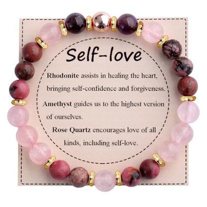 KSQS Healing Stone Bead Bracelet for Women, Natural Gemstones Balance Protection Bracelet, Spiritual Crystal Beads Bracelet Anxiety Relief with Meaning Card - style: Self-Love