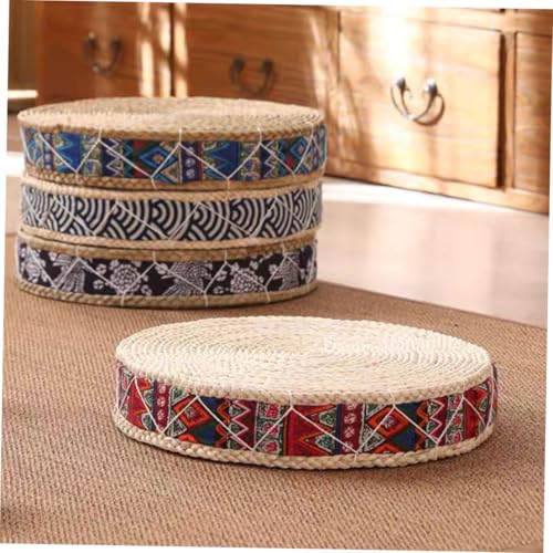 ULTECHNOVO Bohemian Red Woven Meditation Floor Cushion 30cm Diameter X 7cm Height Zafu Japanese Style Straw Sitting Pad for Yoga and Zen Practice