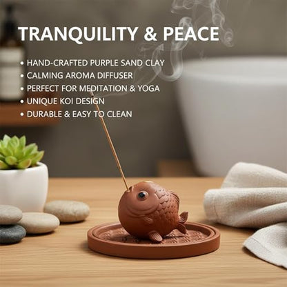 Purple Clay Koi Incense Holder with Tray, Ceramic Fish Incense Burner for Decorative Home Decor