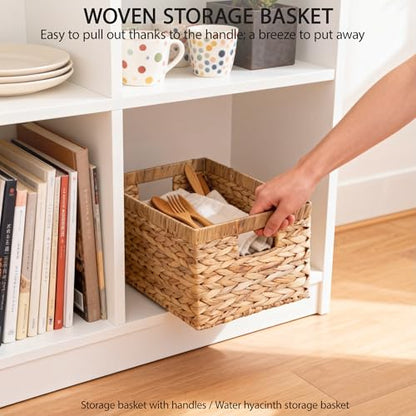 Storage Baskets,Woven Natural Water hyacinth Box with Handle,Kingwillow.(Set of 3) - size: Set of 3
