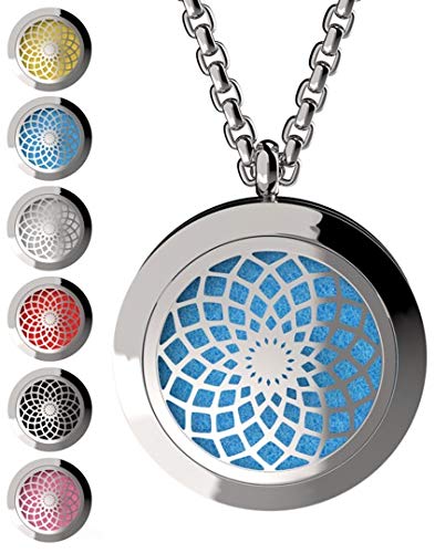 Wild Essentials 3 Necklace Set, Tree Of Life, Flower of Life, Sun Essential Oil Diffuser Necklace Stainless Steel Locket Pendants, 24 Inch Chains, 36 Refill Pads, Color Changing, Perfume Locket, Aroma