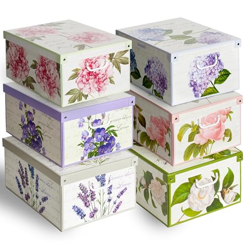 Lavatelli: Storage Box 6 Pack: Large - Flower Mix - Lid & Handles, Decorative Cardboard Organizer, Stack-Fold, Home-Clothes-Linens, 19.7 x 15.4 x 9.4