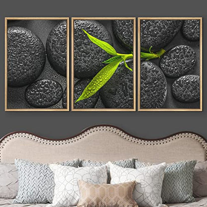 wall26 - Framed Canvas Bamboo Branch on Zen Stone - Canvas Art Wall Art - 16"x24"x3 Natural - color: Artwork - D762, size: 16" x 24" x 3 Panels NATURAL