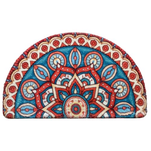 Mandala Semi Circle Rug Boho Half Round Mat Doormat Floral Bathmat Non-Slip Bathroom Rugs Floor Door Mats Bohemian Decor Semicircle Carpet Half Moon Area Rug (Blue) - color: Blue