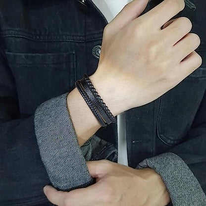 Leather Bead Bracelets for Men, Natural Tiger Eye Lava Rock Stone Bead Magnetic Clasp Adjustable Leather Bracelets Stress Relief Mens Anxiety Bracelet Mens Jewelry Gifts - style: Black Leather-Tiger Eye Bead
