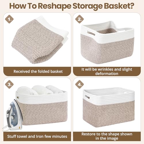 Optish 4 Pack Woven Basket for Storage, Basket for Organizing and Shelves, Rope Storage Basket for Toys, Towels, Books, Clothes, Baskets for Gifts Empty, 12.7'' X 8.3'' X 7.1'', White & Brown