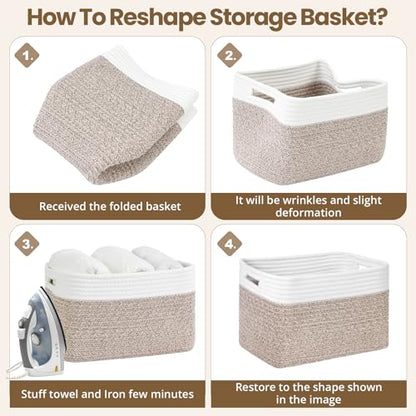 Optish 4 Pack Woven Basket for Storage, Basket for Organizing and Shelves, Rope Storage Basket for Toys, Towels, Books, Clothes, Baskets for Gifts Empty, 12.7'' X 8.3'' X 7.1'', White & Brown