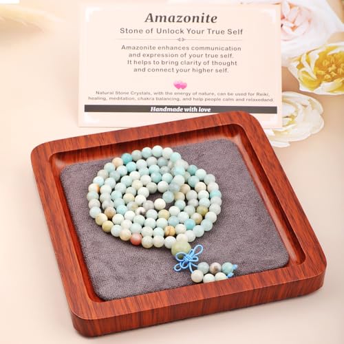 AD Beads 6mm 8mm 108 Prayer Mala Jasper Elastic Bracelet - Handmade Yoga Meditation Healing Power Energy Gifts for Unisex Adult. - color: Amazonite(True Self)