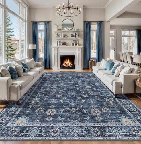 Tangsoo 10x14 Large Area Rug for Living Room, Non Slip Machine Washable Rug for Bedroom, Boho Distressed Vintage Blue Floral Rugs, Soft Indoor Floor Carpet Mat for Office Kitchen Farmhouse Home Decor - color: Distressed Blue Black, size: 10' X 14' (Rectan