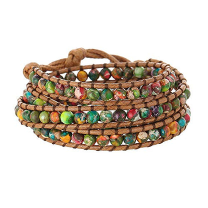 Women Boho Handmade Natural Stone Crystal Leather Bead Wrap Bracelets Collection - style: Colorful Jasper 3w