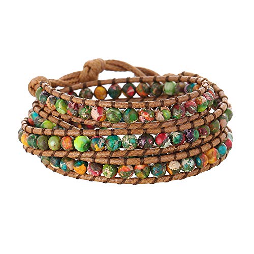 Women Boho Handmade Natural Stone Crystal Leather Bead Wrap Bracelets Collection - style: Colorful Jasper 3w