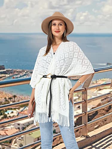 Soul Young Knit Shawl Wrap for Women Ladies Fringe Poncho Blanket Cardigan Cape - color: Z Rhombus Cream White