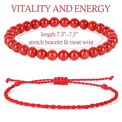 QOGIR 2pcs Handmade Healing Bracelet, Natural Gem Stone Crystal Elastic Bracelet - color: Carnelian(Vitality and Energy), size: 6mm