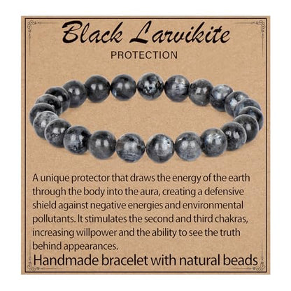 LPBeads Handmade Natural Gemstone Stretch Elastic Bracelet Healing Crystal Round Stone Beads Jewelry Gifts for Women Men - color: Black Larvikite, size: 8mm