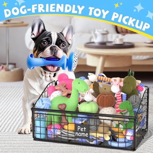 Kaiferty Indestructible Dog Toy basket, Medium Toy Box for Dogs,Pet Toy Bin Dog Metal Basket for Toys, Toy Storage Organizer, Toy Box for Living Room Area (Black)
