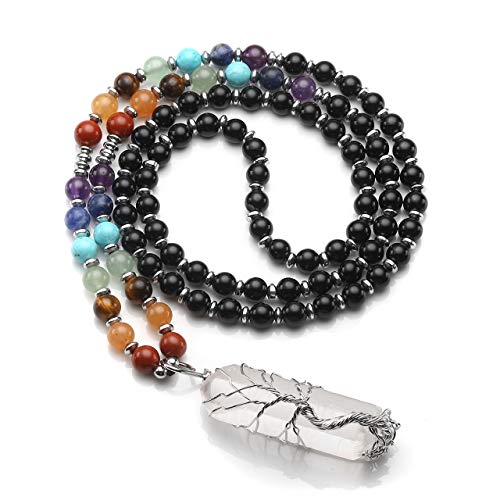 Jovivi Natural 7 Chakras Healing Crystals Necklace Wire Wrapped Clear Quartz Stone Pendant Healing Pointed Reiki Energy Balancing - color: Black Obsidian