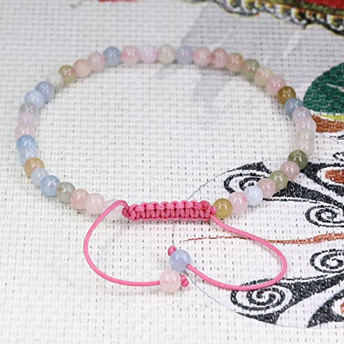 Keleny Natural Gemtones 4mm Round Beads Crystal Adjustable Braided Macrame Tassels Bracelets Unisex - color: Pink Morganite Beryl Aquamarine