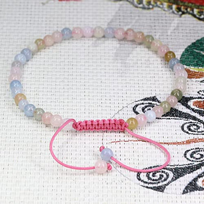 Keleny Natural Gemtones 4mm Round Beads Crystal Adjustable Braided Macrame Tassels Bracelets Unisex - color: Pink Morganite Beryl Aquamarine