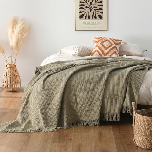 100% Cotton Waffle Queen Blanket with Fringe 90"x90", Pre-Washed Waffle Weave Blanket for All Season, Lightweight Breathable Soft Cozy Throw Blanket for Couch, Bed, Travel (Sage Green) - color: Sage Green, size: Queen-90'' x 90''
