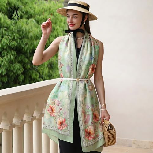 100% Mulberry Extra Large Silk Pashmina Scarf Shawls And Wraps For Women Evening Dress Summer Travel Floral Blanket - color: Light Green Floral