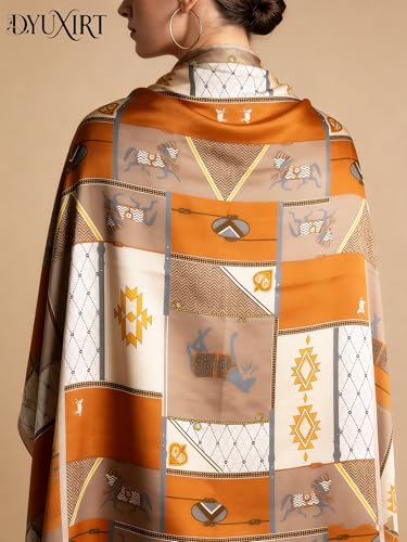 100% Mulberry Silk Oversized Women’s Sun-Shielding Shawl Formal Evening Neckwear Featherlight Airy - color: N29-geo Patch Scarf（69" X 21"inch）