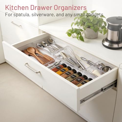 10 Pack Large Drawer Organizer Bins - Clear Plastic Bathroom Drawer Organizer Trays - Heavy Duty Kitchen Drawer Dividers for Utensils - Non-Slip Storage Bins for Makeup, Bedroom, Office Desk - size: 10 Pack