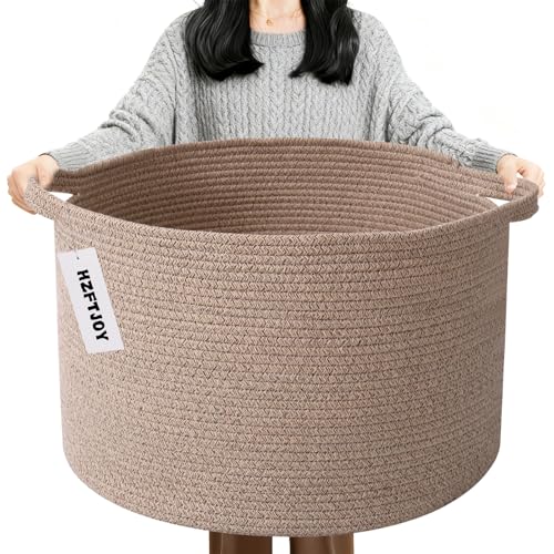 90L Extra Large Blanket Basket,Woven Rope Laundry Basket Hamper with Handles, Decorative Nursery Basket Storage Bin for Toys, Clothes Organizer, Living Room, Bedroom, Bathroom, Brown - color: Brown, size: 21.7"L x 21.7"W x 13.8"H（90L)