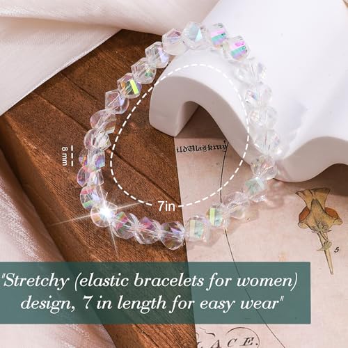 HANGINTHERE Aurora Borealis Crystal Bracelet for Women – Stretchy Iridescent Faceted Beads with AB Coating, 5000+ Pull Tested Elastic Cord, Gift Ready in Velvet Pouch/Box