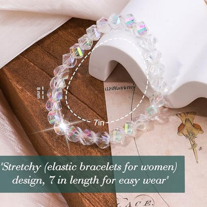 HANGINTHERE Aurora Borealis Crystal Bracelet for Women – Stretchy Iridescent Faceted Beads with AB Coating, 5000+ Pull Tested Elastic Cord, Gift Ready in Velvet Pouch/Box