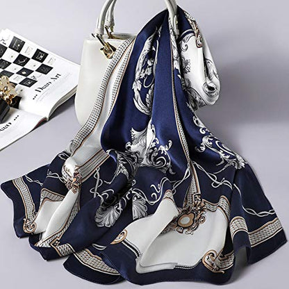 100% Mulberry Silk Long Scarf for Women Large Shawls for Headscarf and Neck- Oblong Hair Wraps with Gift Packed - color: Navy&white -Phoenix Tail Fern