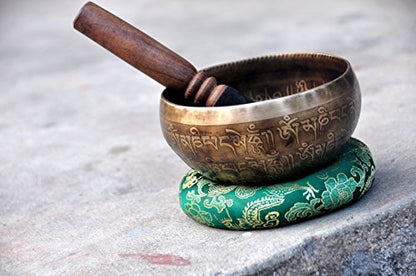 TM THAMELMART FOR BEAUTIFUL MINDS 4" Mantra Carved Buddha Tibetan Singing Bowl, Hand Hammered Nepal Yoga Singing Bowls with Om Tingsha Mallet & Silk Cushion